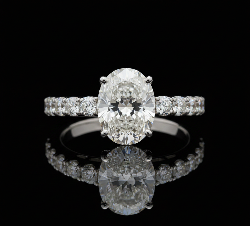 💎 2ct Oval‑Cut Diamond Ring with Side Stones — 14K White Gold