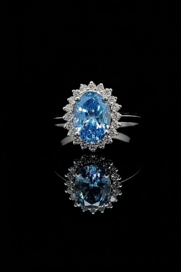 Blue Gemstone Halo Ring with Reflection