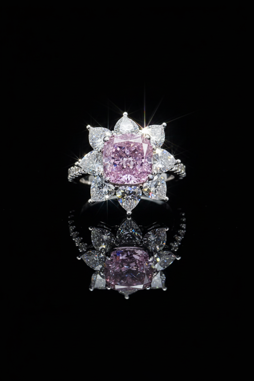 Luxury Pink Diamond Starburst Ring with Reflection